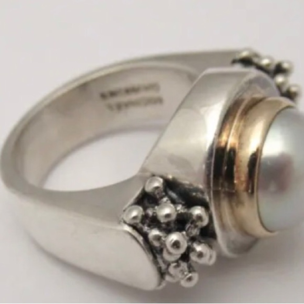 Preowned Michael Dawkins Sterling Silver, 14K Yellow Gold, & Pearl Ring